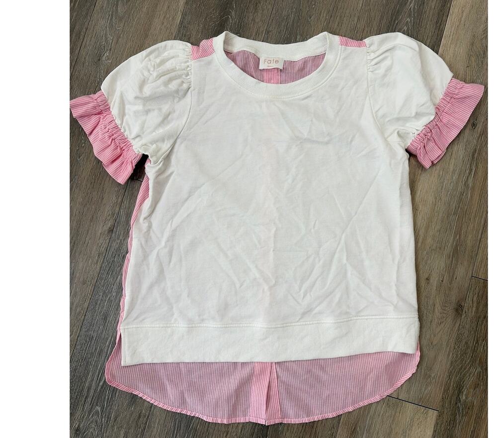 Fate Women’s Small Layered Puff Sleeve Top White Pink Striped Preppy Cottagecore